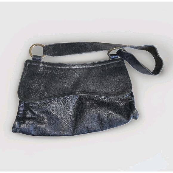 Nancy Bacich Handbags - Nancy Bacich Womens Leather Floral Textures Shoulder Handbag‎ Black Brass VTG